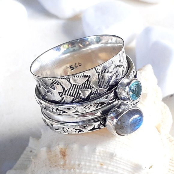 Hand Crafted Jewelry - 925 Sterling Moonstone & Sapphire Spinner Ring